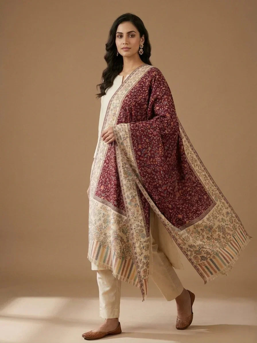Women's Maroon Kashmiri Jaal Weave Shawl – Floral Designer Wrap | The Amritsar Store - The Amritsar Store