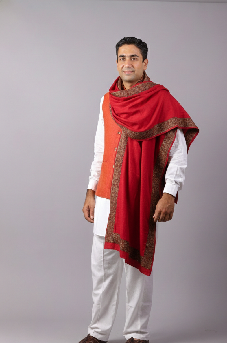 Hand embroidered Kashmiri four-side border meditation shawl soft wool pashmina oversized wrap for men and women