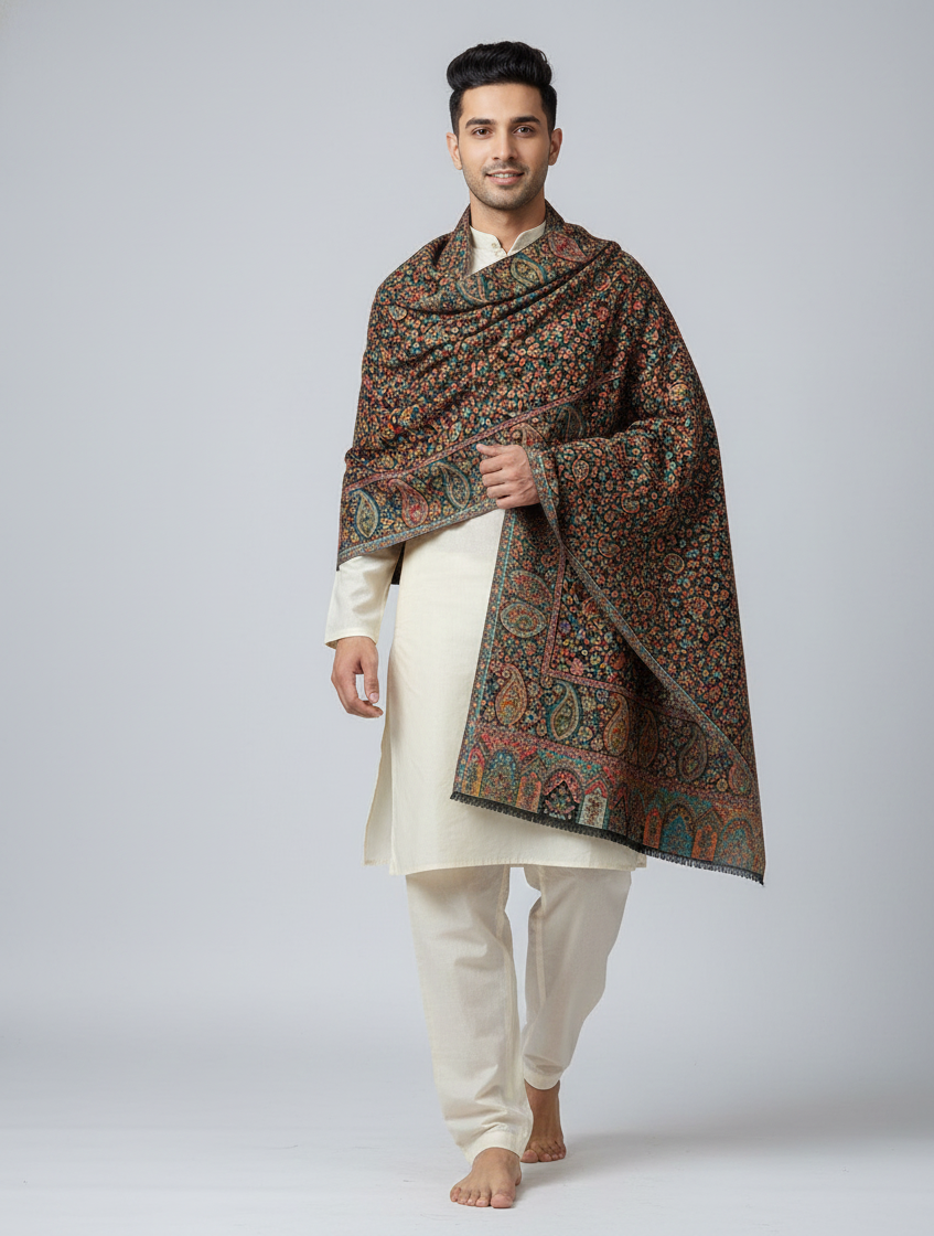 Men’s black Kani Jaal shawl with multicolor paisley and floral weave by The Amritsar Store