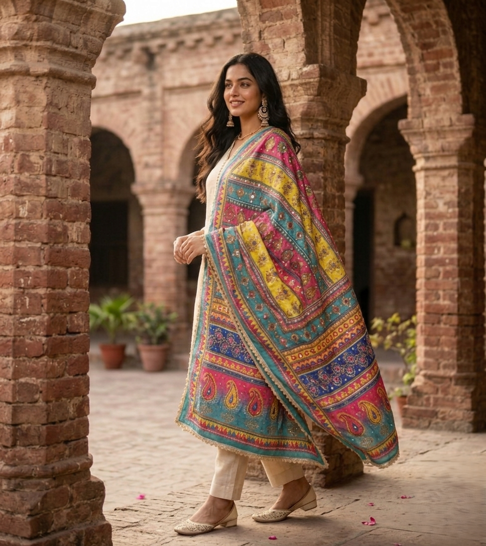 The Amritsar Store embellished dupatta with mirror and stone work detailing, traditional ethnic designer dupatta for women