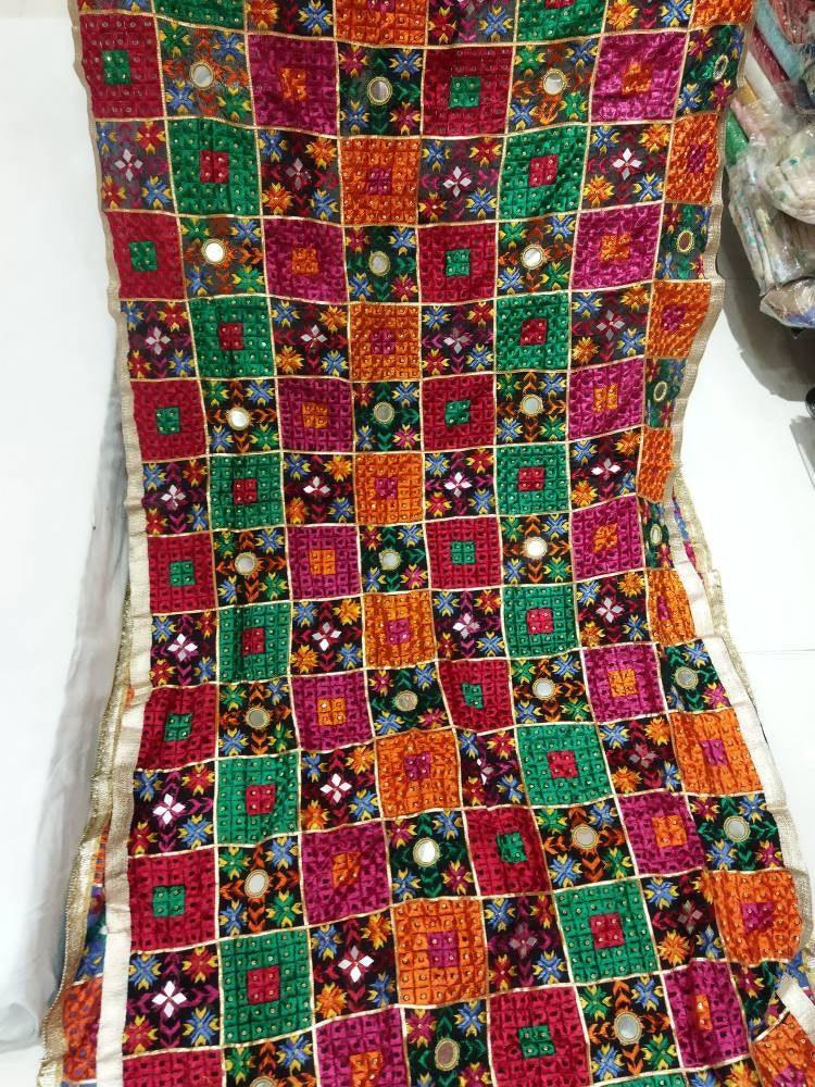 Multicolor Hand Embroidery Phulkari Dupatta with Mirror Work and Gotta Patti by The Amritsar Store - The Amritsar Store