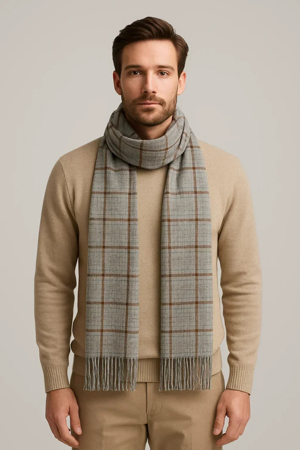 Grey Checkered Scarf for Men & Women – Lightweight Soft Fringe Wrap | The Amritsar Store - The Amritsar Store