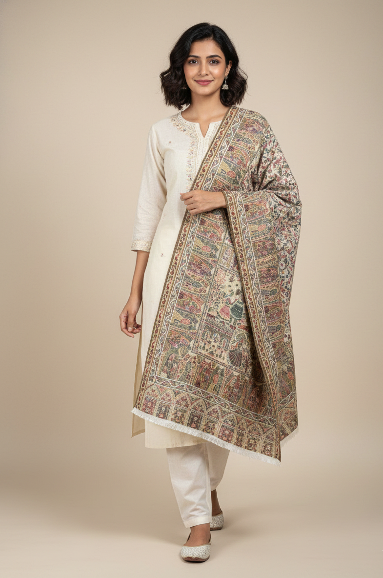 Royal Heritage stole by The Amritsar Store featuring intricate Mughal Darbar scenes with detailed floral jaal weave in rich traditional tones
