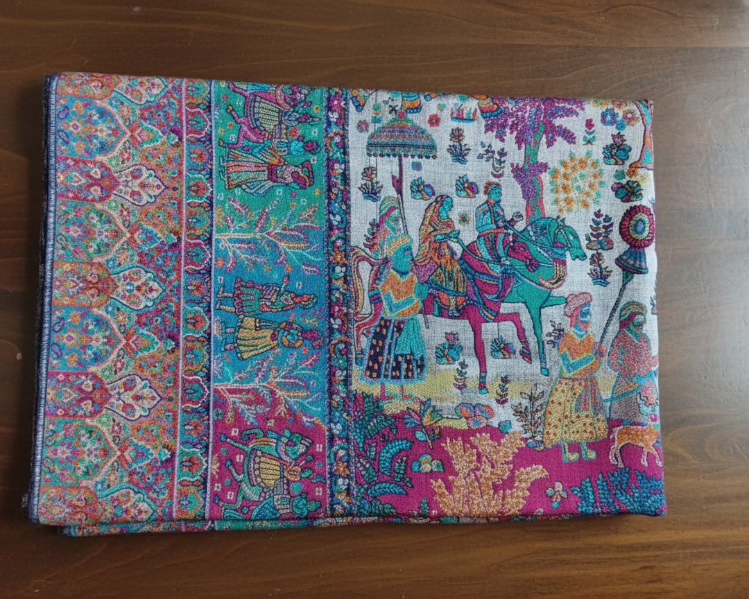 Kani shawl with Mughal Darbar palace, royal procession, and garden motifs in intricate multicolor story weave by The Amritsar Store