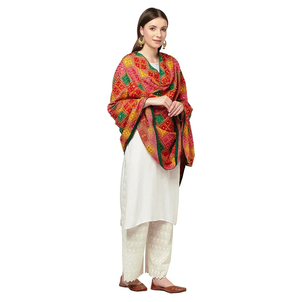 Multicolor Handmade Silk Embroidery Thread Stone & Mirror Work Phulkari Duaptta By The Amritsar Store - The Amritsar Store