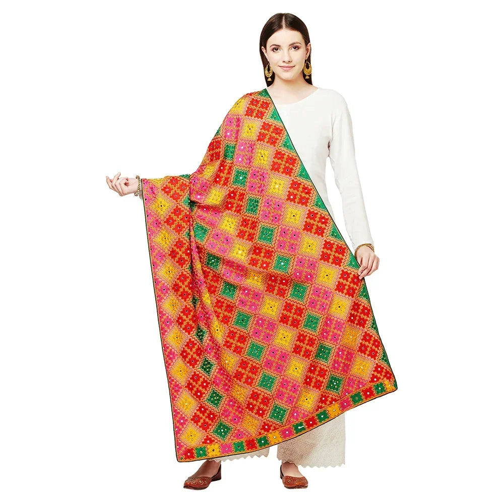 Multicolor Handmade Silk Embroidery Thread Stone & Mirror Work Phulkari Duaptta By The Amritsar Store - The Amritsar Store