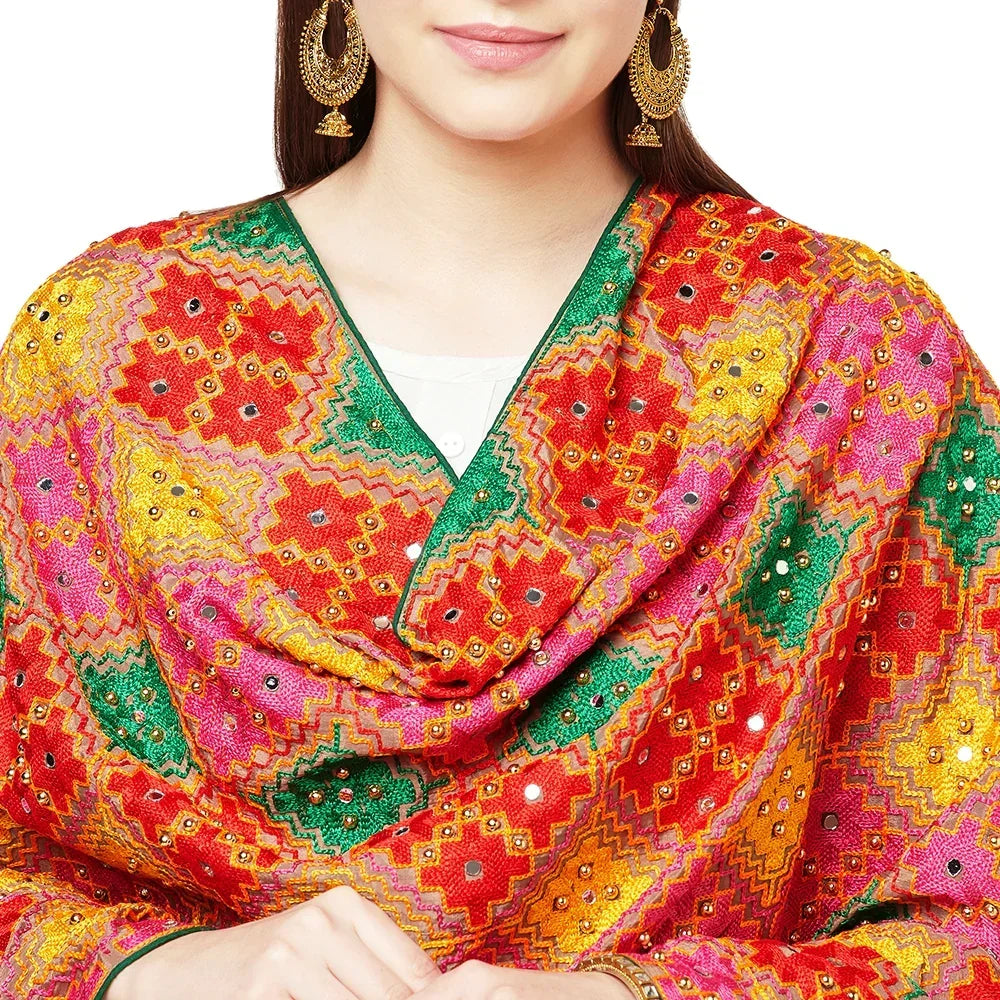 Multicolor Handmade Silk Embroidery Thread Stone & Mirror Work Phulkari Duaptta By The Amritsar Store - The Amritsar Store
