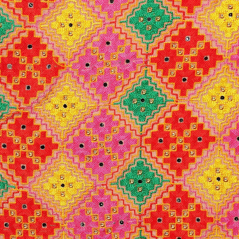 Multicolor Handmade Silk Embroidery Thread Stone & Mirror Work Phulkari Duaptta By The Amritsar Store - The Amritsar Store