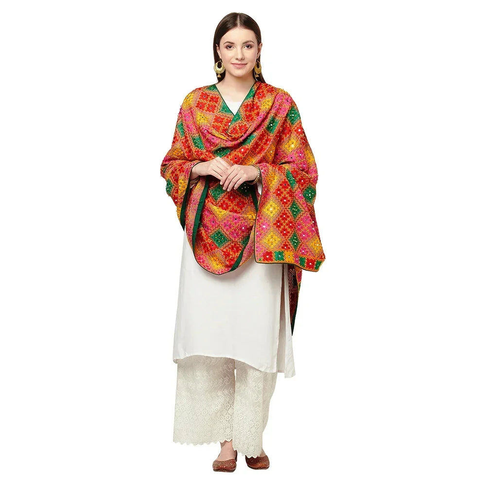 Multicolor Handmade Silk Embroidery Thread Stone & Mirror Work Phulkari Duaptta By The Amritsar Store - The Amritsar Store
