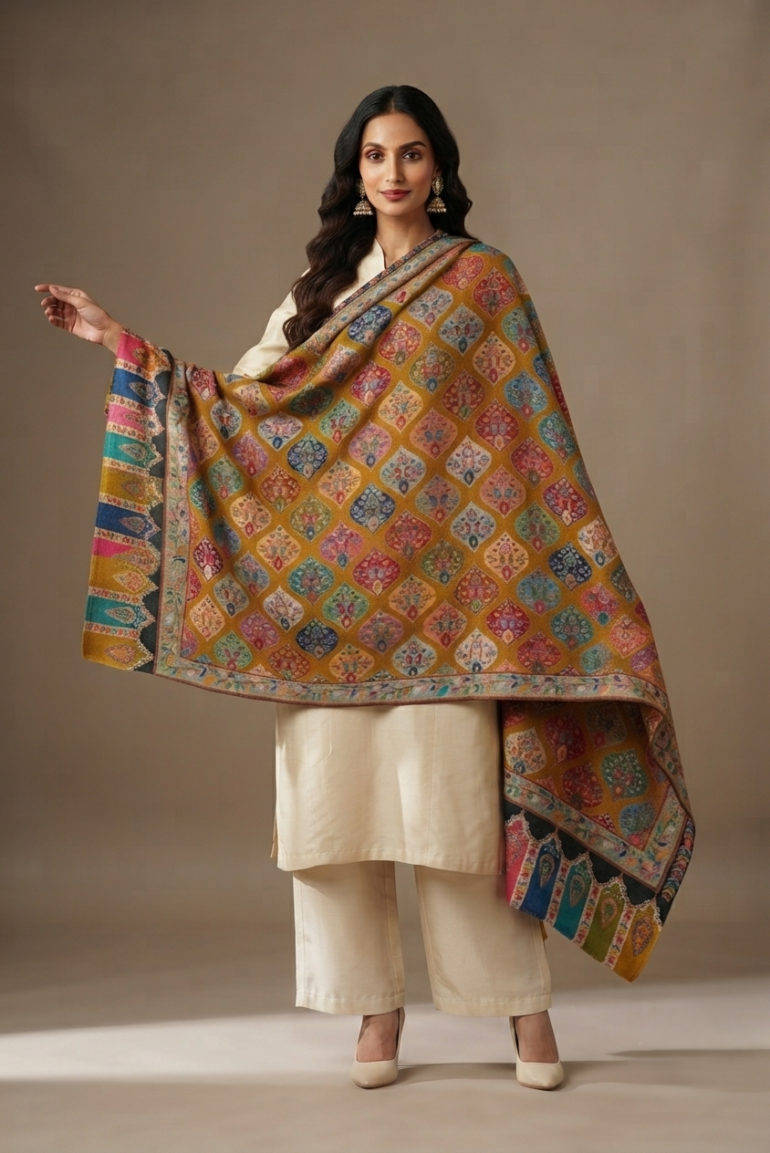 Women's extra fine wool Kalamkari shawl featuring a vibrant multicolor design with elegant traditional craftsmanship by The Amritsar Store.