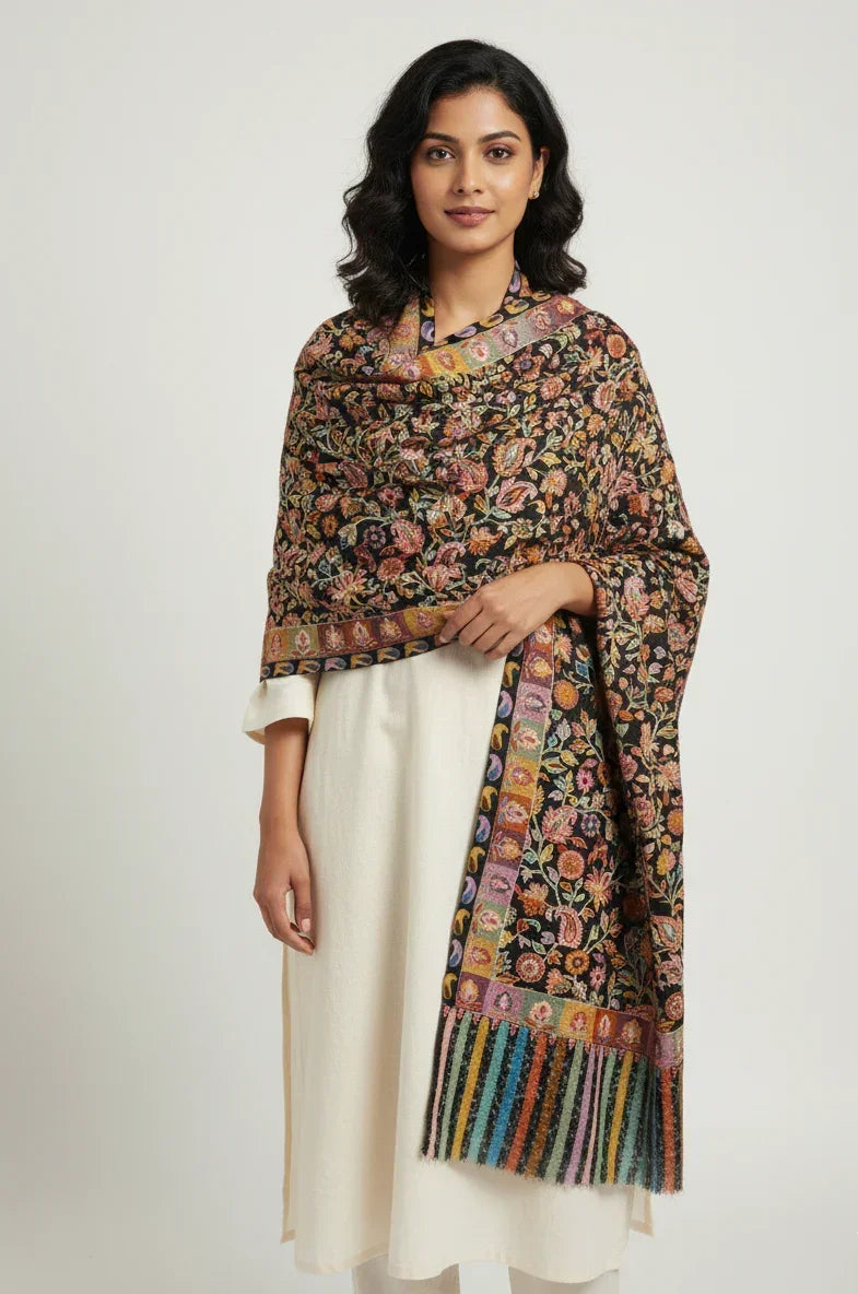 The Amritsar Store,Kashmiri kalamkari Embroidered Stole – Multicolor Floral Jaal on Black Base with Vibrant Striped Border - The Amritsar Store