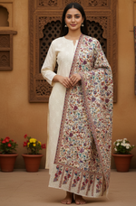 Kashmiri Sozni Embroidered Stole by The Amritsar Store – multicolor floral embroidery with pastel paisley border, handcrafted on soft wool fabric.