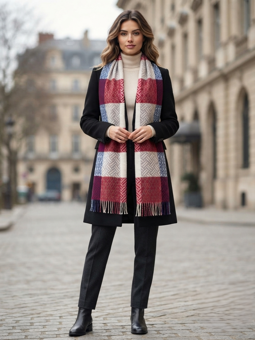 The Amritsar Store Multicolor Geometric Checkered Scarf – Soft Winter Wrap in Red, Blue, Beige & White - The Amritsar Store