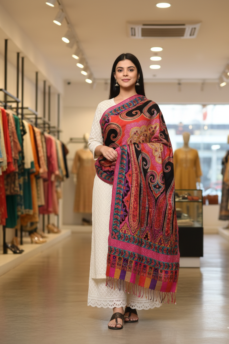 Paisley Printed Hand Tie Dye Shawl With Multicolored Kashmiri Aari Outlining of the Motifs - The Amritsar Store