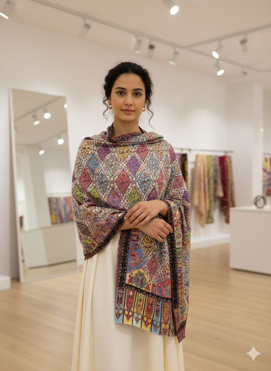 The Amritsar Store Pashmina Kalamkari Shawl – Hand Embroidered Multicolor Kashmiri Wool Shawl for Women