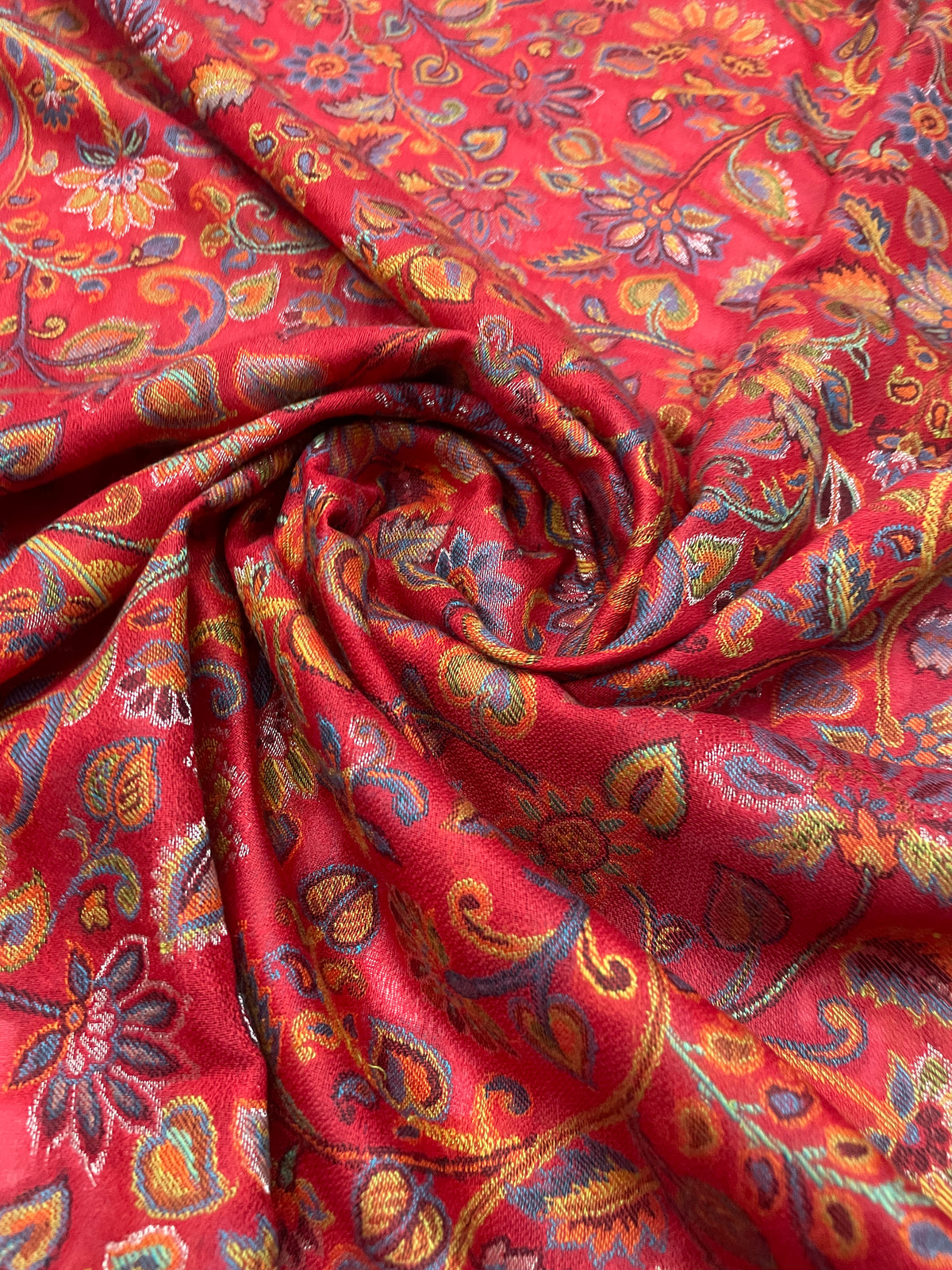 Majestic Peacock Garden Jaal shawl by The Amritsar Store featuring an intricate multicolor woven floral and peacock pattern.