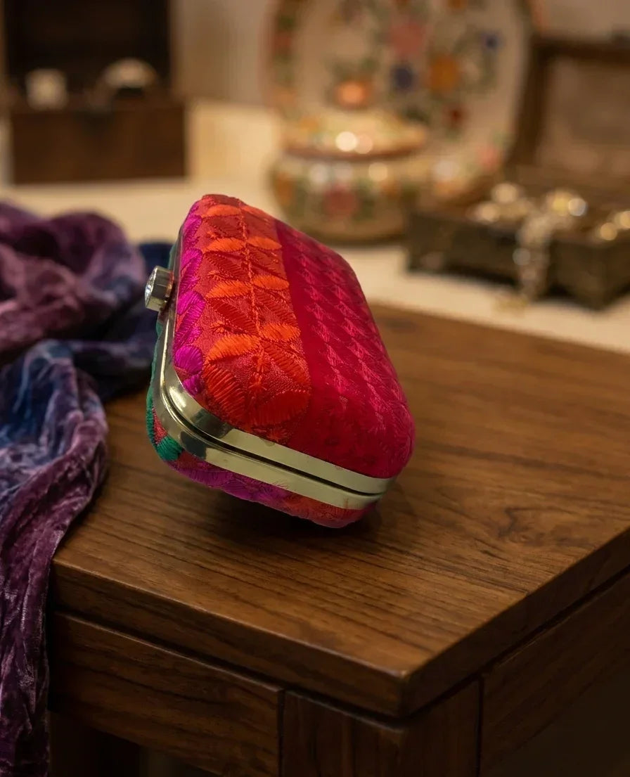 The Amritsar Store Phulkari Embroidery Clutch – Multicolor Metal-Based - The Amritsar Store