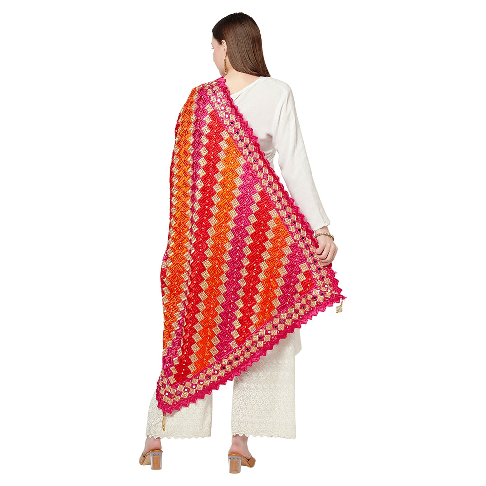 Multicolored Phulkari Dupatta Four Side Cut Work With Latkans (Tassels) By The Amritsar Store - The Amritsar Store