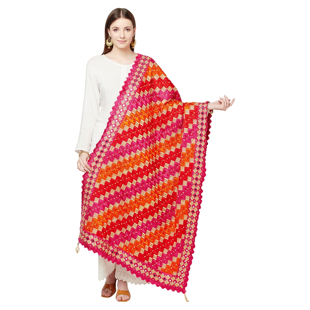 Multicolored Phulkari Dupatta Four Side Cut Work With Latkans (Tassels) By The Amritsar Store - The Amritsar Store