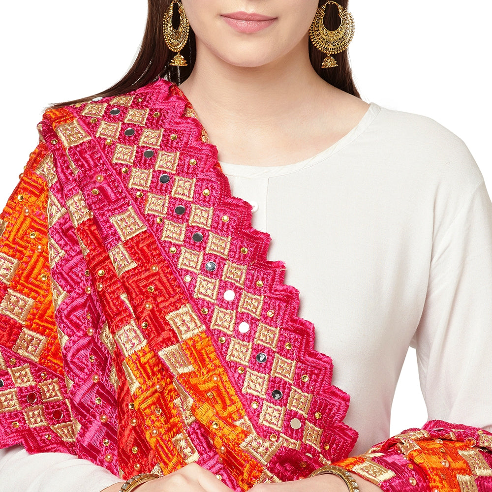 Multicolored Phulkari Dupatta Four Side Cut Work With Latkans (Tassels) By The Amritsar Store - The Amritsar Store