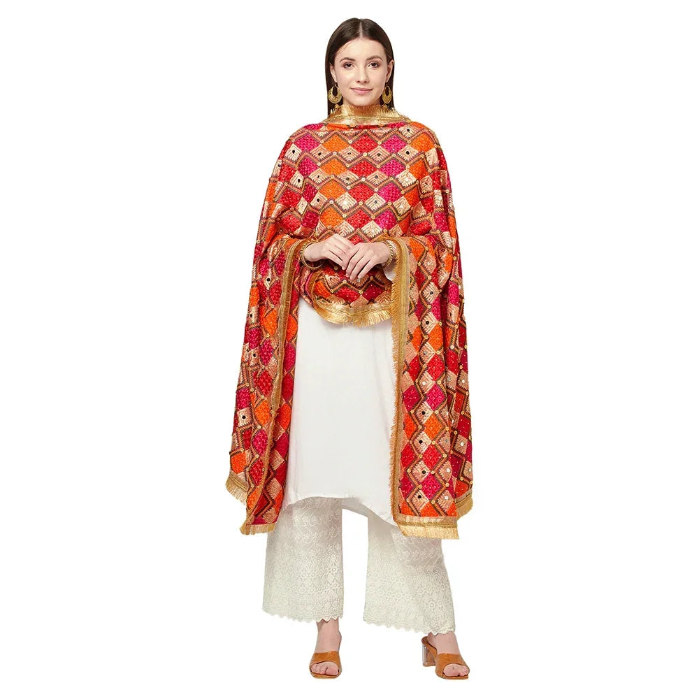 Zig Zag Multicolored Phulkari Dupatta With Four Side Golden Lace & Mirror Work By The Amritsar Store - The Amritsar Store