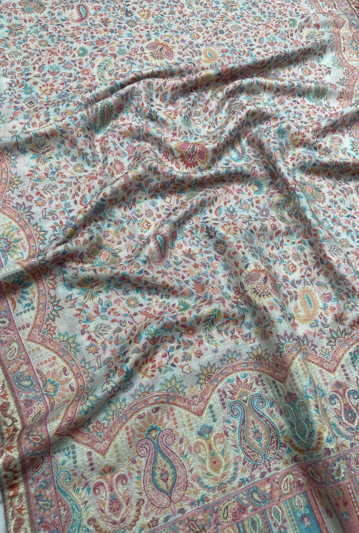"The Amritsar Store Pastel Jaal Fine Wool stole with Multitone Paisley and Floral Weave"