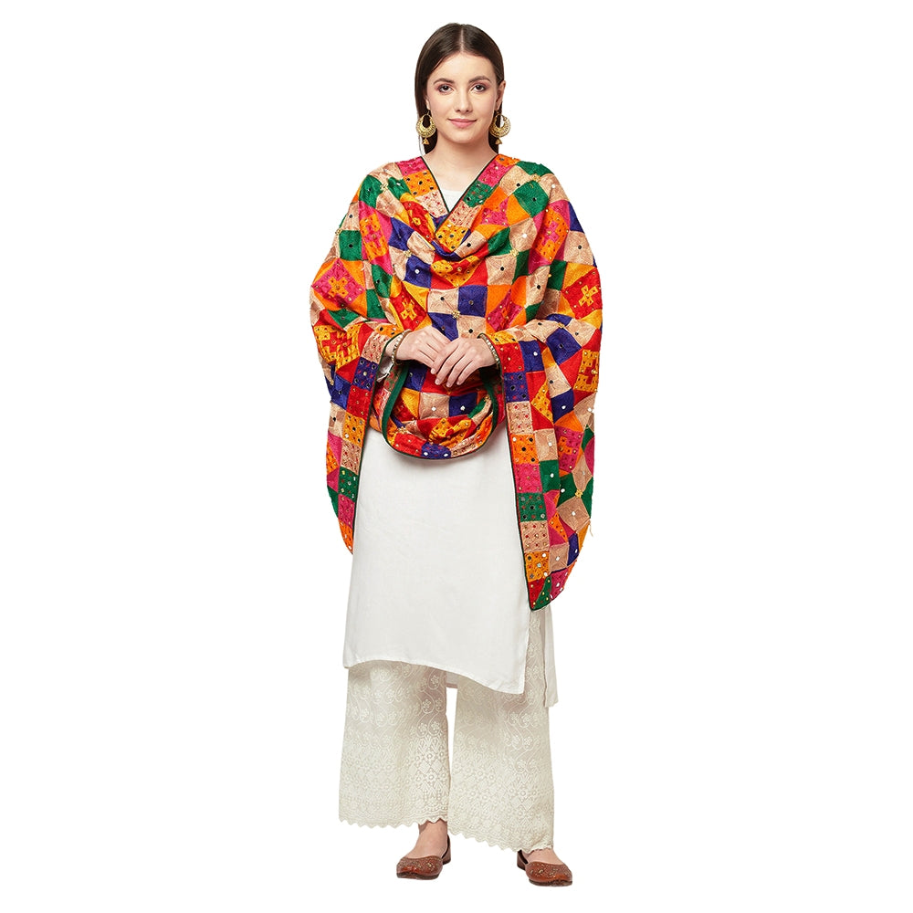 Ghungru Multicolor Mirror Work Phulkari Dupatta By The Amritsar Store - The Amritsar Store