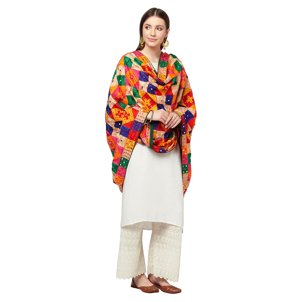 Ghungru Multicolor Mirror Work Phulkari Dupatta By The Amritsar Store - The Amritsar Store