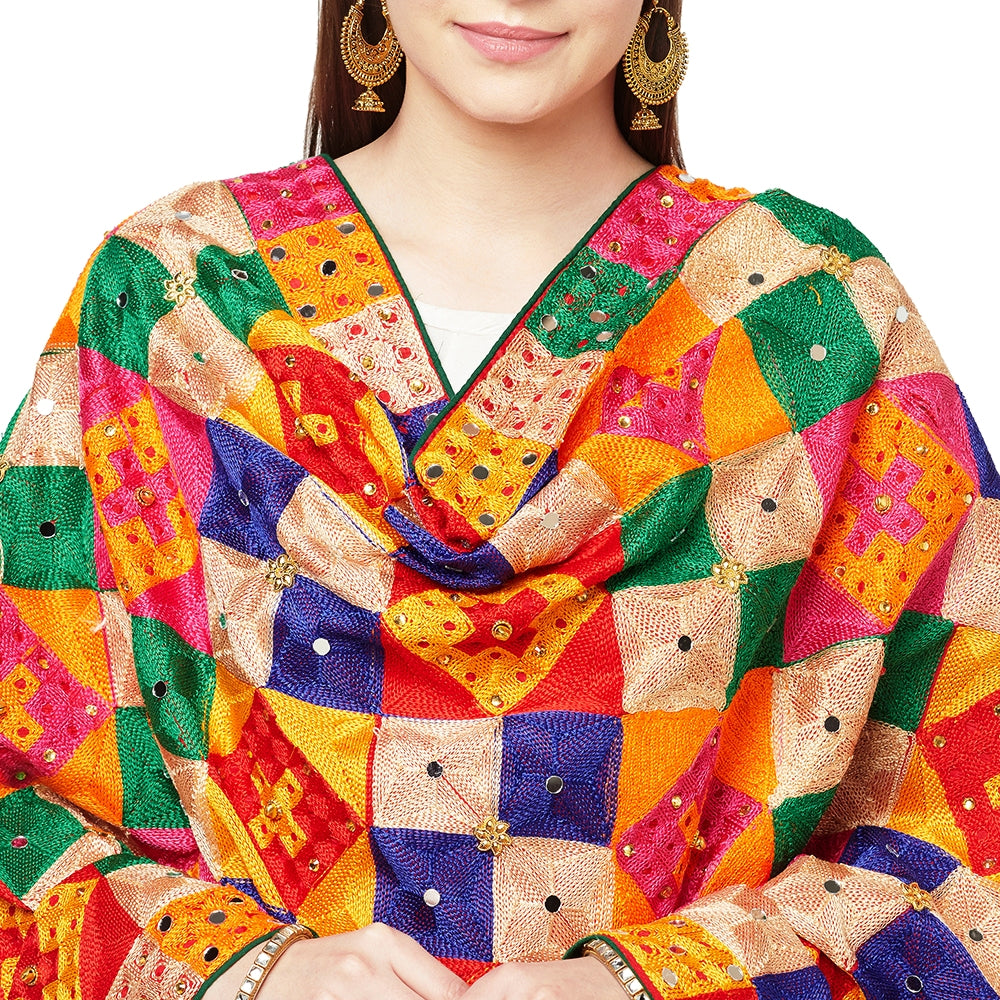 Ghungru Multicolor Mirror Work Phulkari Dupatta By The Amritsar Store - The Amritsar Store