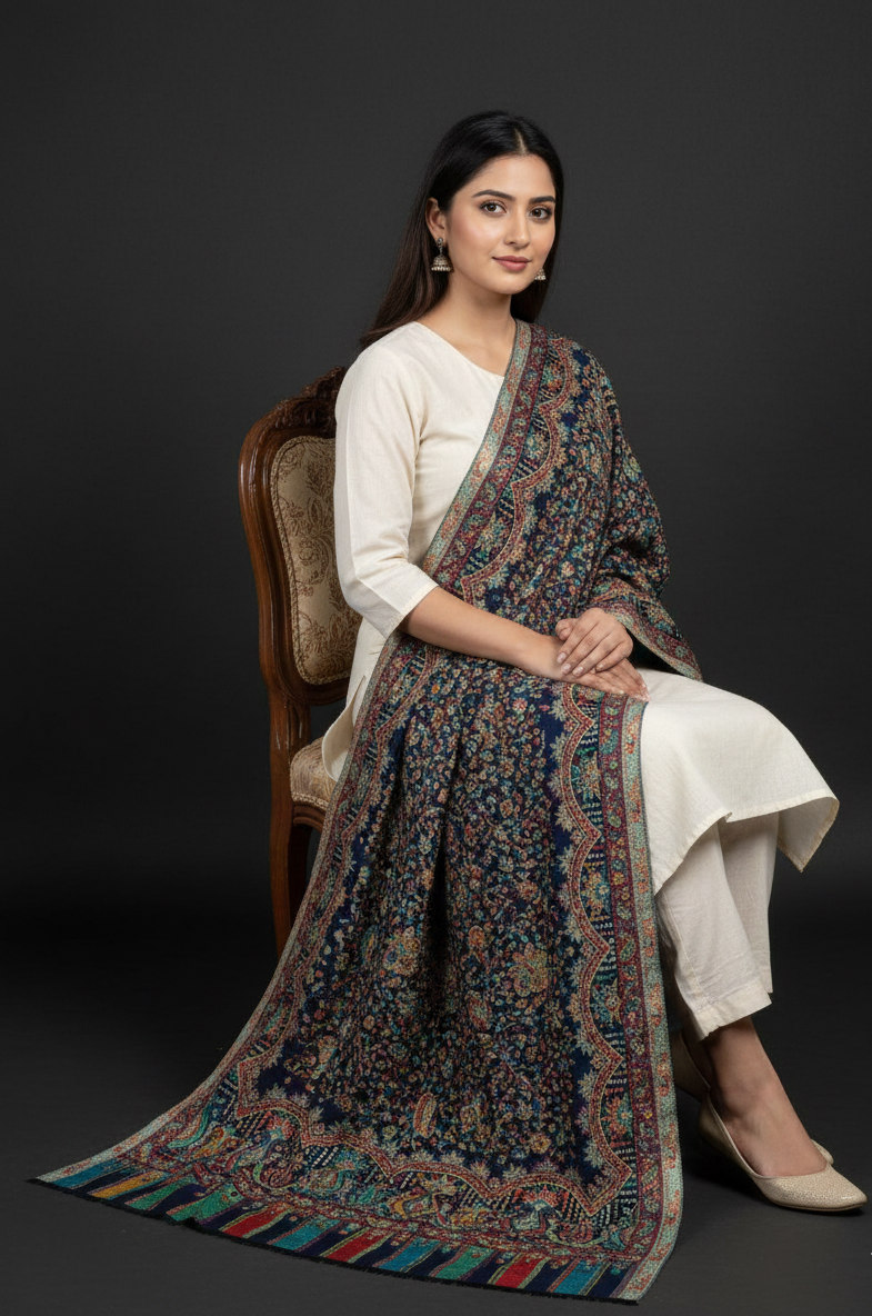 Heritage navy blue jaal stole with intricate paisley motifs and multitone woven borders by The Amritsar Store