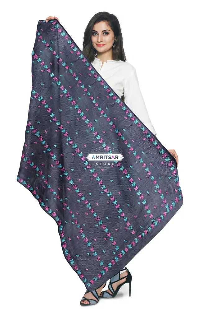 Navy Blue Phulkari Dupatta | Hand Embroidered Punjabi Dupatta Phulkari