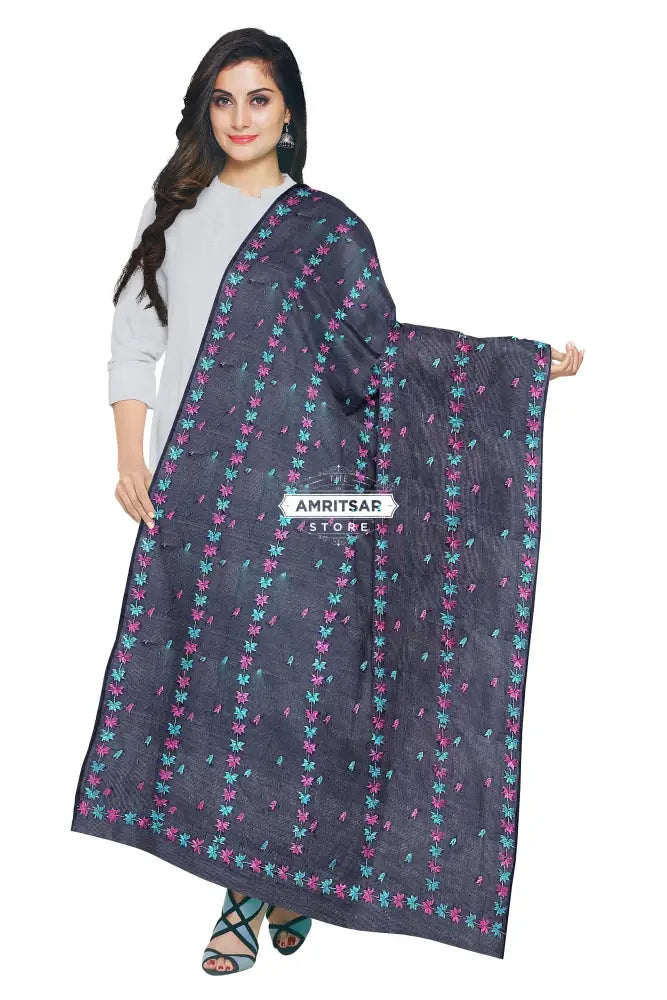 Navy Blue Phulkari Dupatta | Hand Embroidered Punjabi Dupatta Phulkari