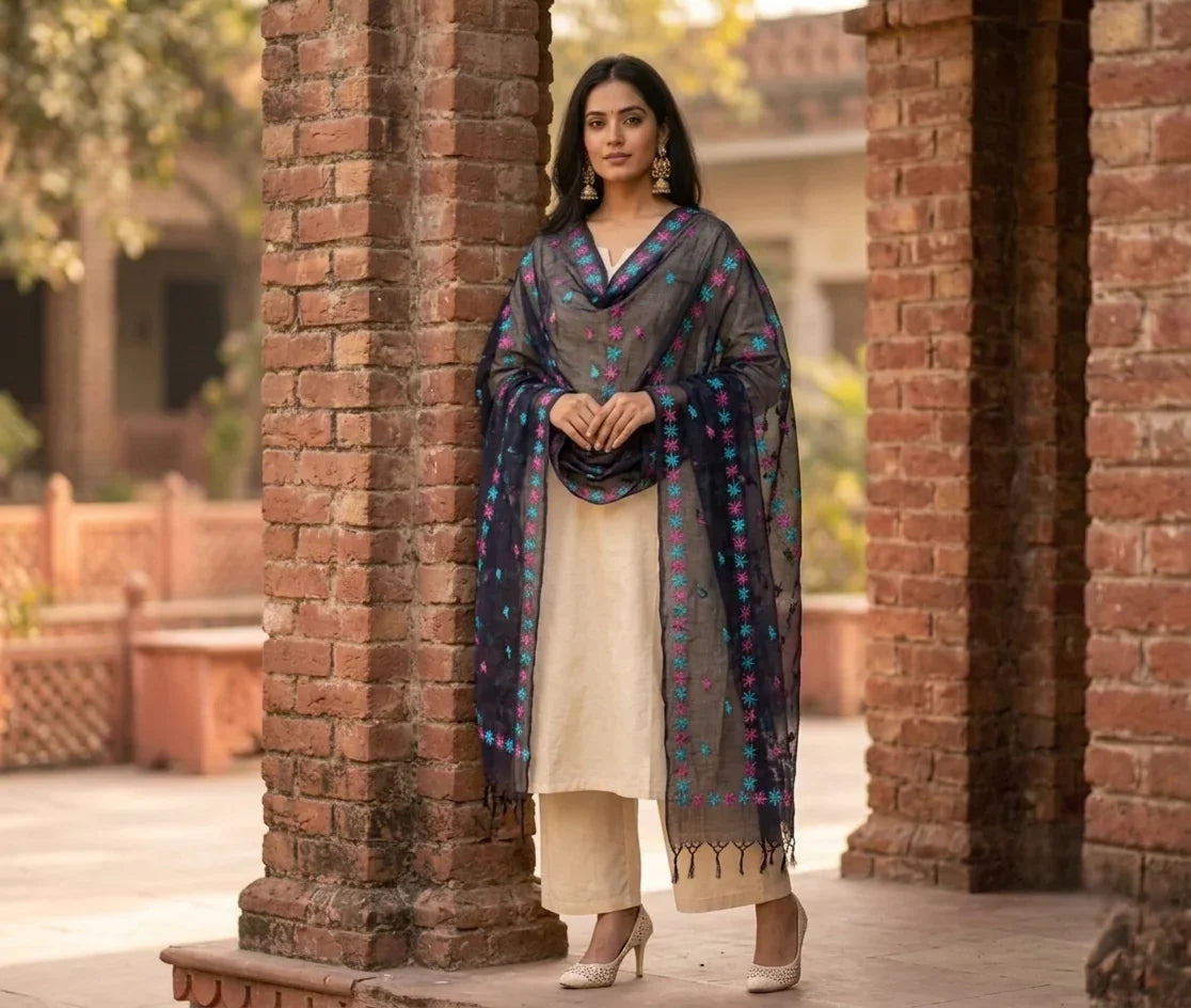 Phulkari Dupatta – Hand Embroidered Navy Blue Dupatta for Women | The Amritsar Store - The Amritsar Store