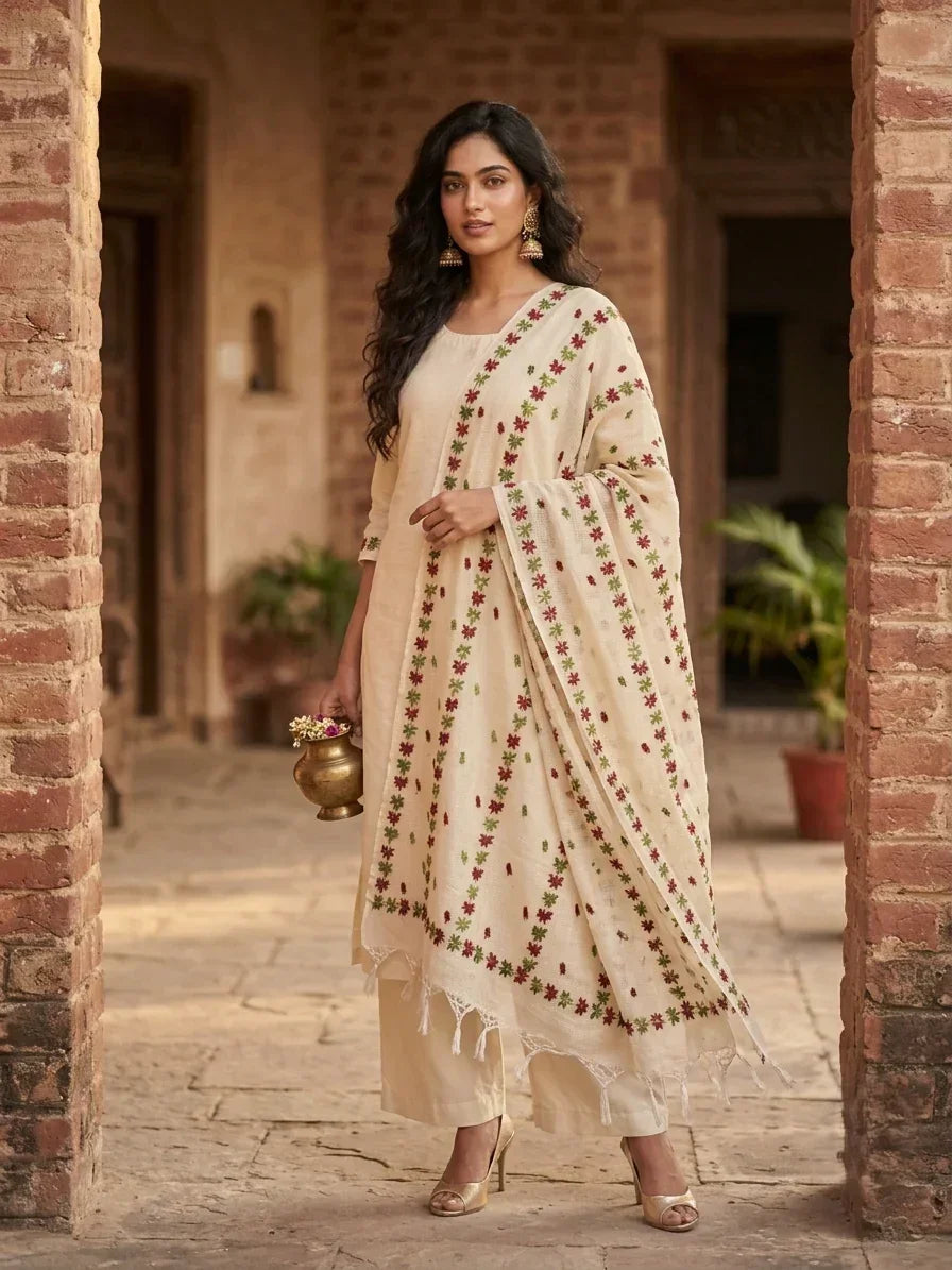 Phulkari Dupatta – Hand Embroidered Off White Floral Dupatta | The Amritsar Store - The Amritsar Store