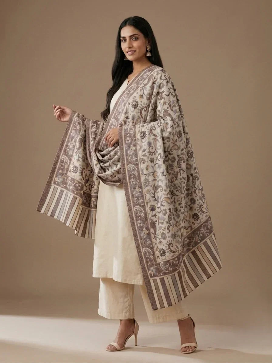 Women's Off-White Stole with Floral Accent | The Amritsar Store - The Amritsar Store