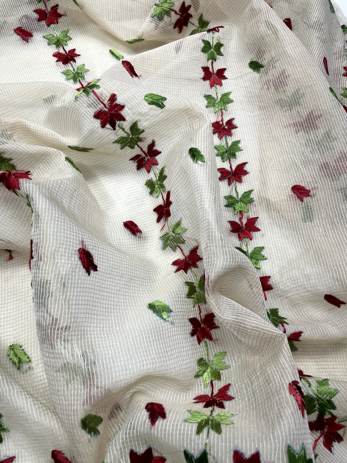 Hand embroidered off white Kota Doria phulkari dupatta for women featuring delicate floral embroidery, lightweight ethnic wrap for traditional and festive wear.