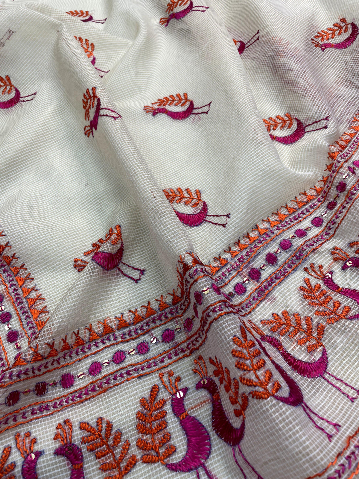 Phulkari Dupatta – Hand Embroidered Dupatta with Peacock motifs | The Amritsar Store - The Amritsar Store