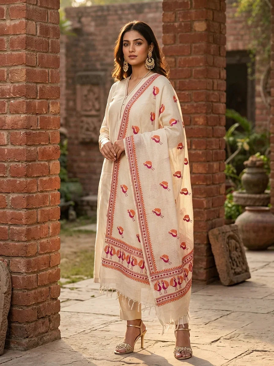 Phulkari Dupatta – Hand Embroidered Dupatta with Peacock motifs | The Amritsar Store - The Amritsar Store