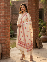 Off White Kota Doria Phulkari Dupatta for Women with Hand Embroidered Traditional Punjabi Floral Design