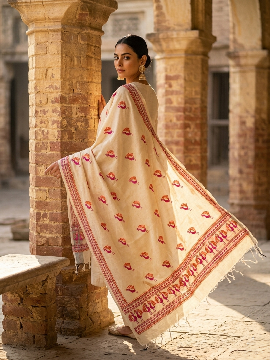 Off White Kota Doria Phulkari Dupatta for Women with Hand Embroidered Traditional Punjabi Floral Design