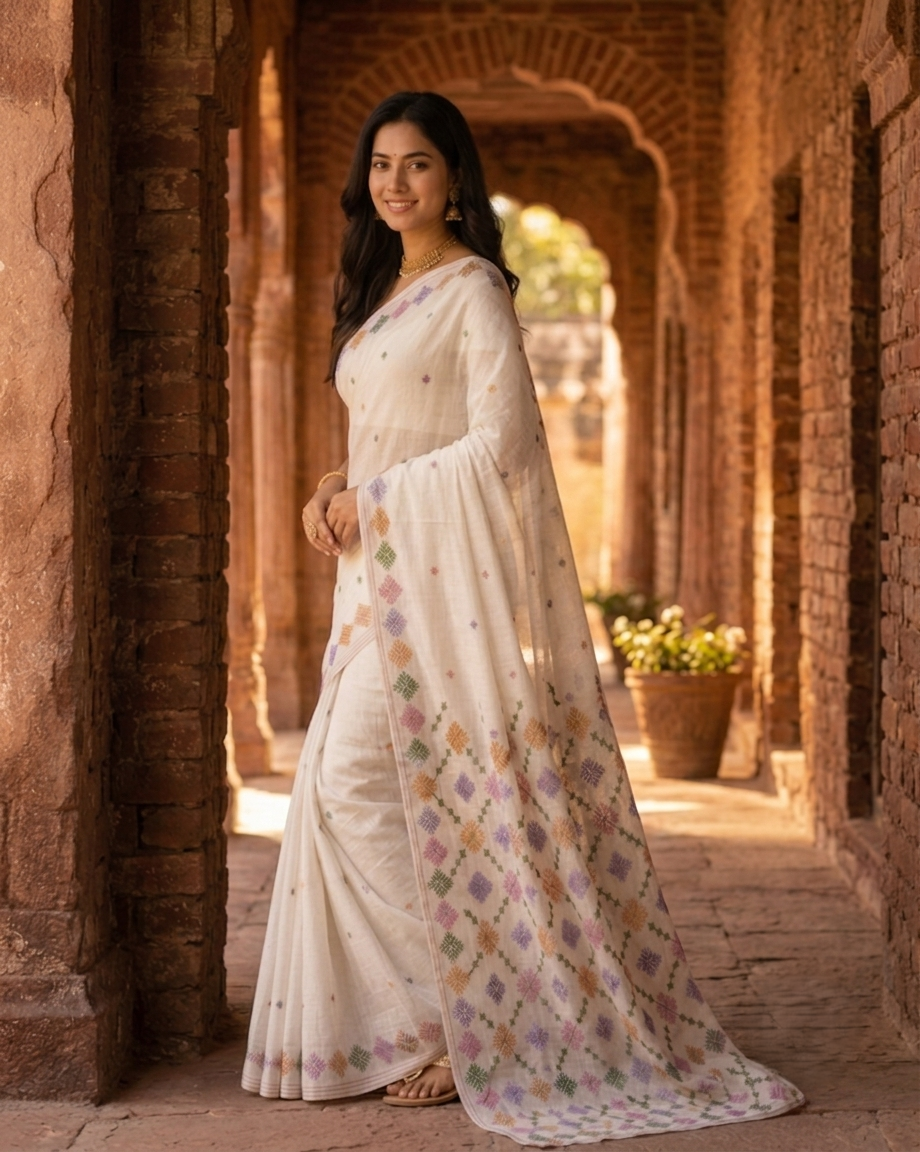 Hand embroidered off white Phulkari saree for women featuring traditional Punjabi embroidery and artisanal craftsmanship