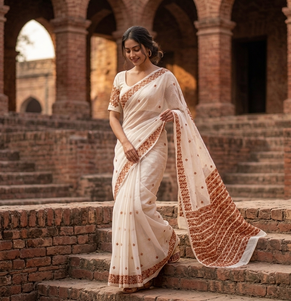 Hand embroidered off white Phulkari saree for women featuring traditional Punjabi embroidery and artisanal craftsmanship.