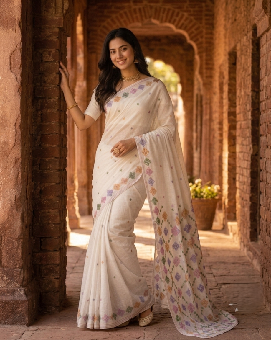 Hand embroidered off white Phulkari saree for women featuring traditional Punjabi embroidery and artisanal craftsmanship