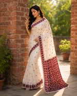 Hand embroidered off white Phulkari saree with maroon traditional Punjabi embroidery and elegant border design for women