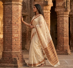 Hand embroidered off-white Phulkari saree for women featuring traditional Punjabi craftsmanship