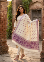 “Off white and purple handmade Phulkari dupatta for women by The Amritsar Store.”