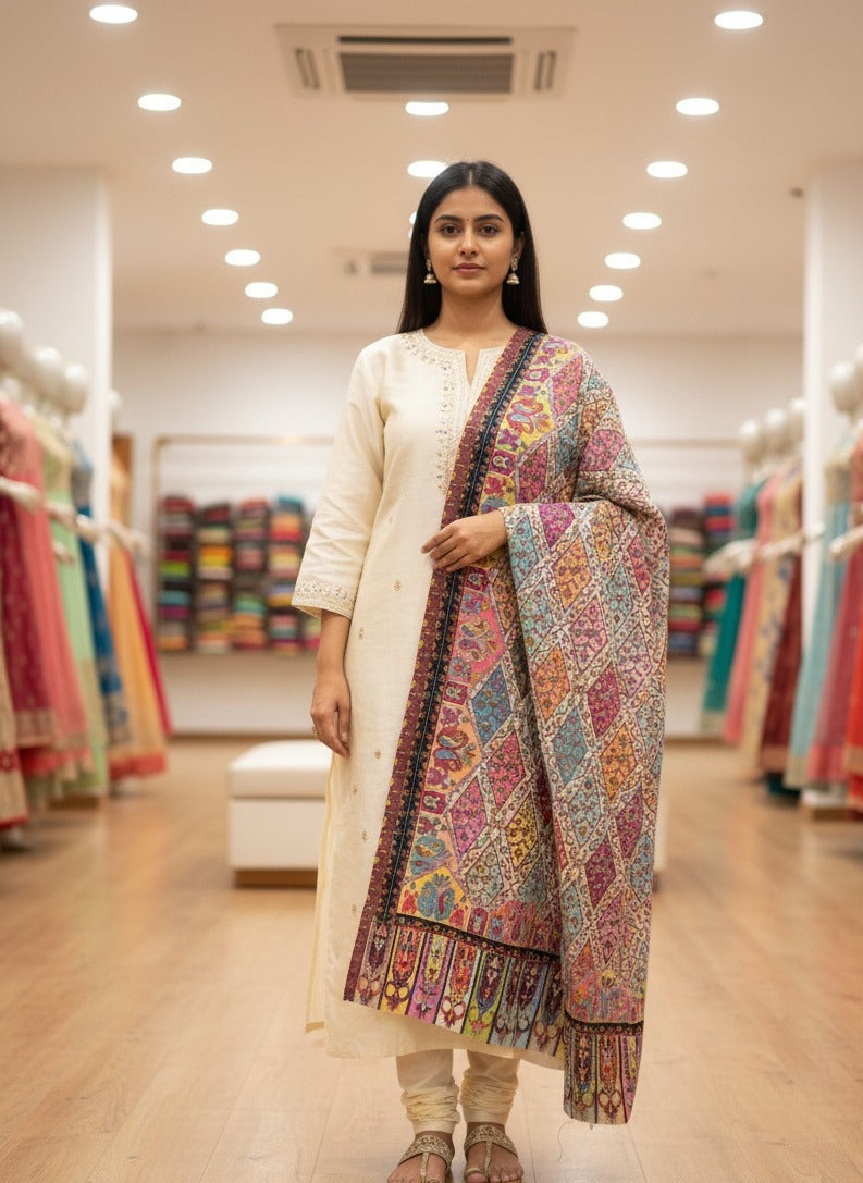 The Amritsar Store Pashmina Kalamkari Shawl – Hand Embroidered Multicolor Kashmiri Wool Shawl for Women