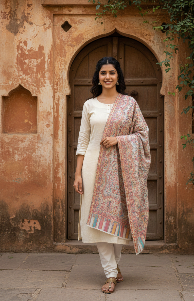 "The Amritsar Store Pastel Jaal Fine Wool Shawl with Multitone Paisley and Floral Weave"