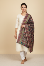Majestic Peacock Garden Jaal shawl with intricate multicolor woven peacock and floral motifs, Kashmiri-inspired design