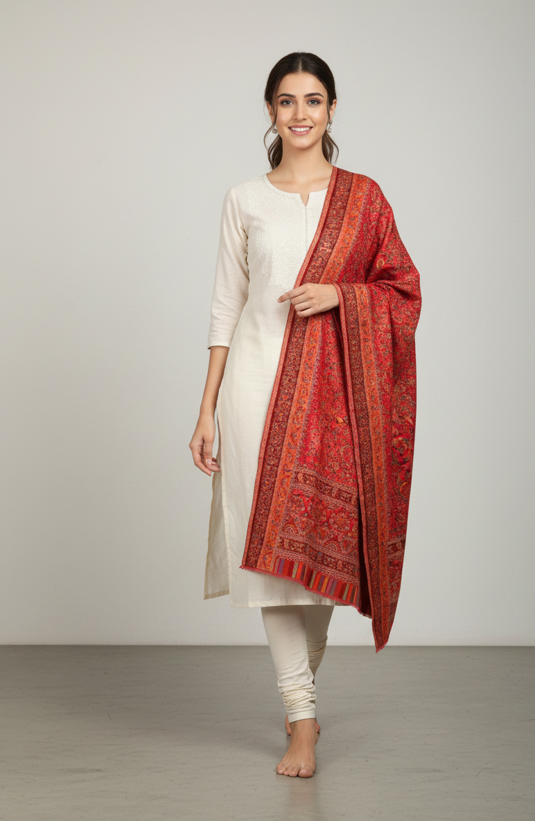 Majestic Peacock Garden Jaal shawl by The Amritsar Store featuring an intricate multicolor woven floral and peacock pattern.